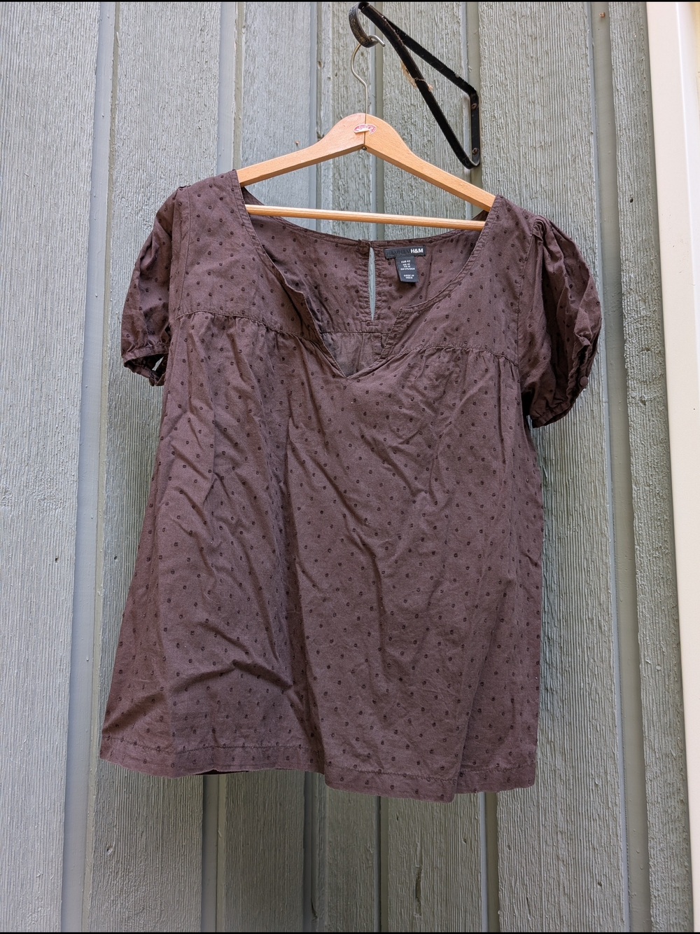 H&M Brown Short-Sleeve Swiss Dot V-Neck Top